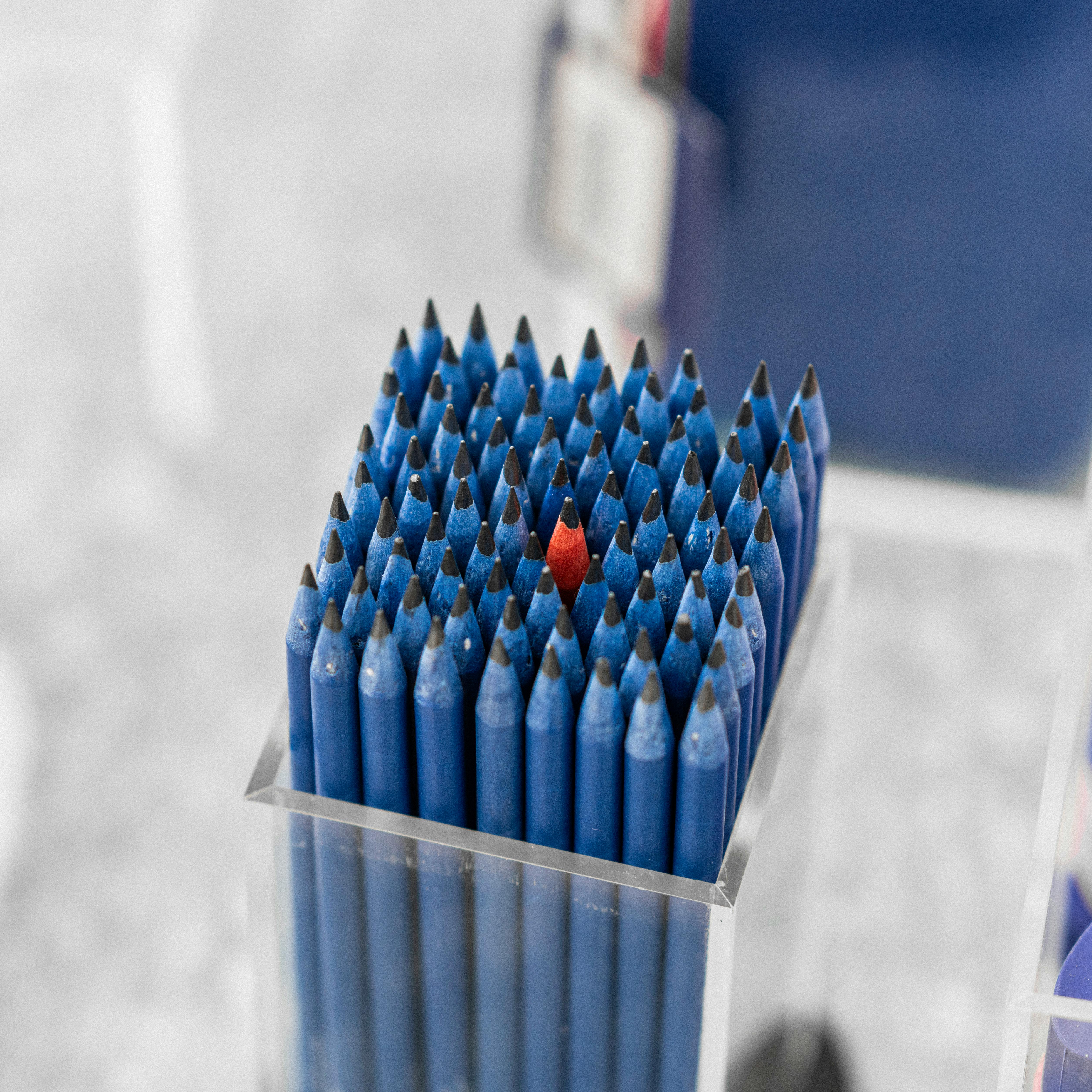 Highlighting individuality: one red pencil stands out among blue pencils.